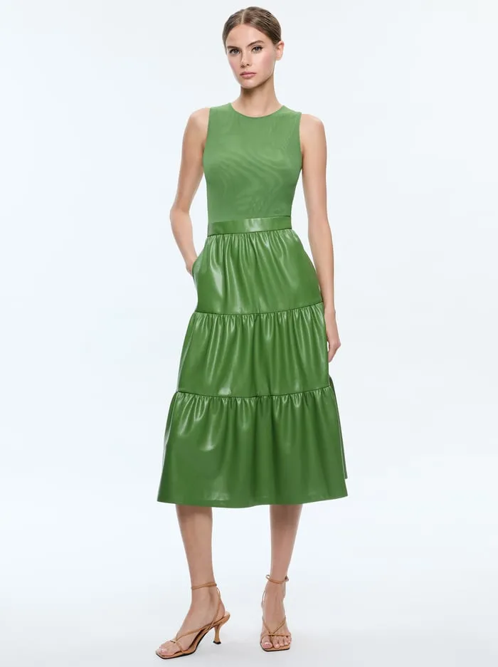 Dresses Women Alice Olivia Chara Vegan Leather Sleeveless Tiered Midi Dress Avocado