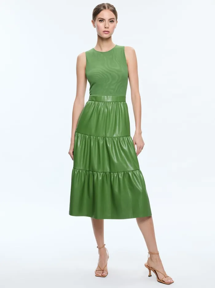 Dresses Women Alice Olivia Chara Vegan Leather Sleeveless Tiered Midi Dress Avocado