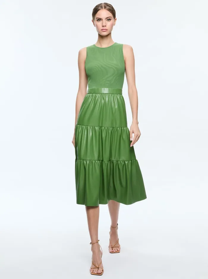 Dresses Women Alice Olivia Chara Vegan Leather Sleeveless Tiered Midi Dress Avocado