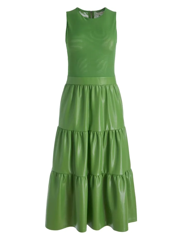 Dresses Women Alice Olivia Chara Vegan Leather Sleeveless Tiered Midi Dress Avocado