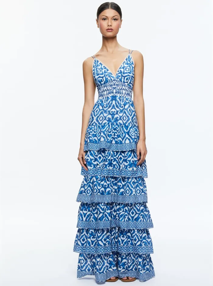 Dresses Women Alice Olivia Imogene Tiered Maxi Dress Artisan Ikat French Blue