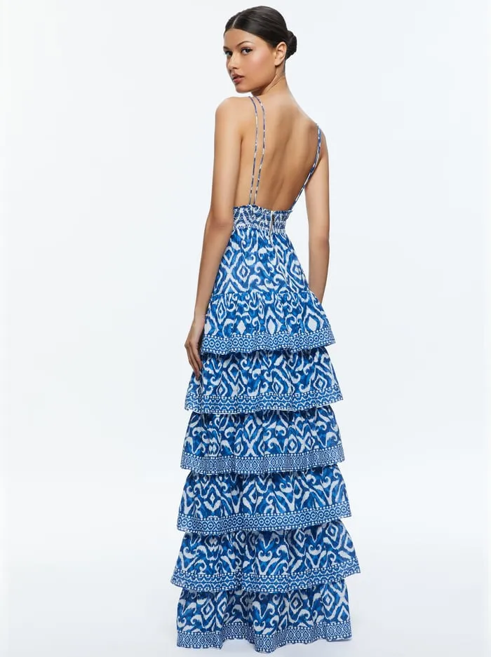 Dresses Women Alice Olivia Imogene Tiered Maxi Dress Artisan Ikat French Blue