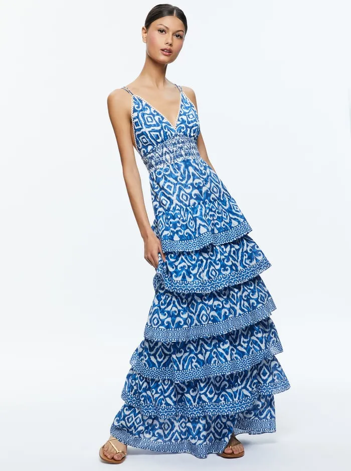Dresses Women Alice Olivia Imogene Tiered Maxi Dress Artisan Ikat French Blue