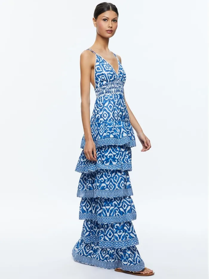 Dresses Women Alice Olivia Imogene Tiered Maxi Dress Artisan Ikat French Blue