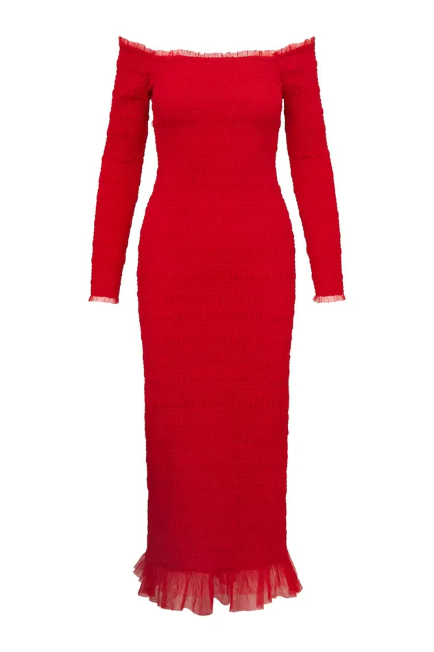 Dresses WomenKids LoveShackFancy Avelle Smocked Tulle Midi Dress Crimson Red