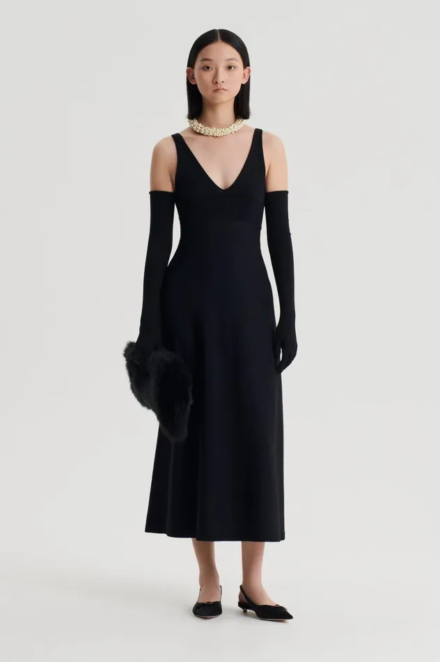 Dresses Women Scanlan Theodore CREPE KNIT V NECK DRESS Black