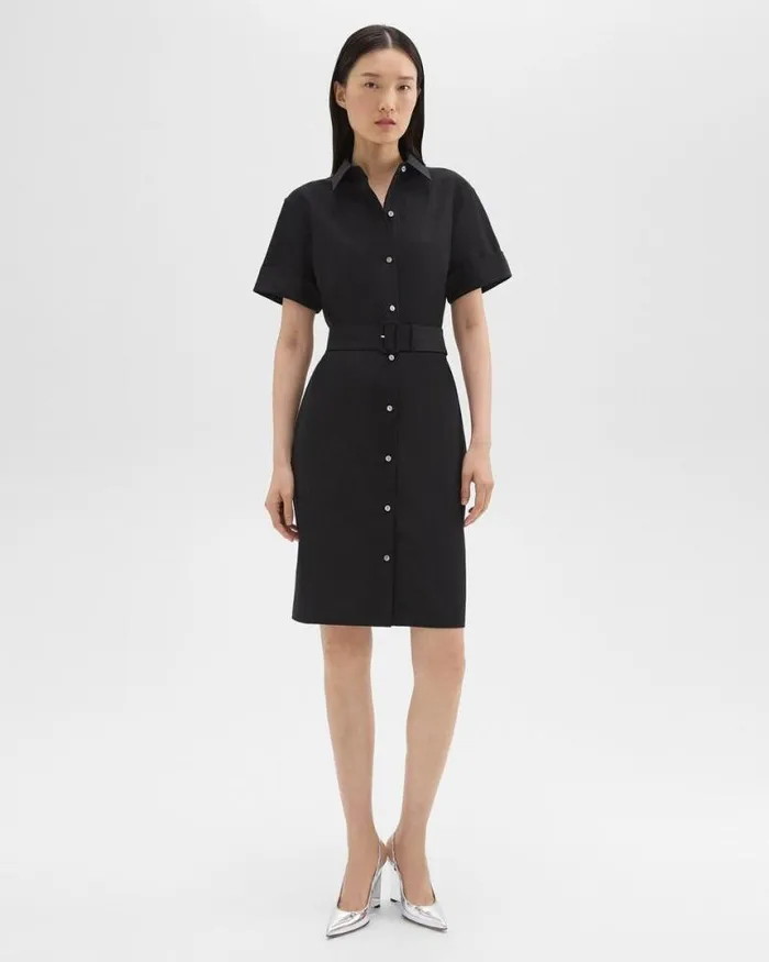 Dresses Women Theory Belted Shirt Dress In Stretch Wool Black