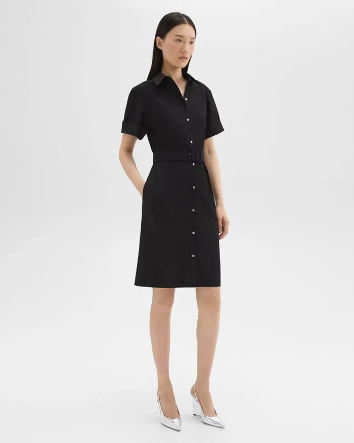 Dresses Women Theory Belted Shirt Dress In Stretch Wool Black Dresses Women Theory Belted Shirt Dress In Stretch Wool Black