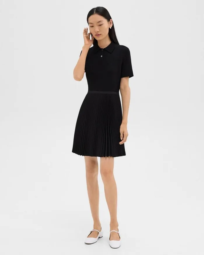 Dresses Women Theory Pleated Combo Polo Dress In Stretch WoolBlend Black