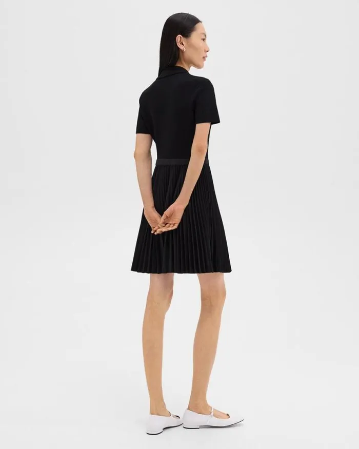 Dresses Women Theory Pleated Combo Polo Dress In Stretch WoolBlend Black Dresses Women Theory Pleated Combo Polo Dress In Stretch WoolBlend Black
