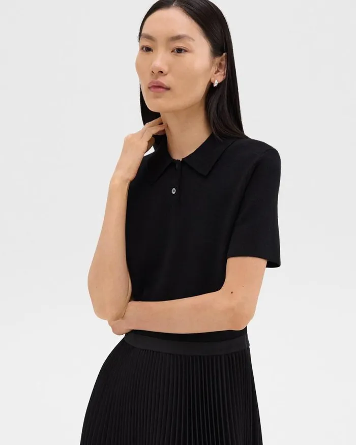 Dresses Women Theory Pleated Combo Polo Dress In Stretch WoolBlend Black Dresses Women Theory Pleated Combo Polo Dress In Stretch WoolBlend Black