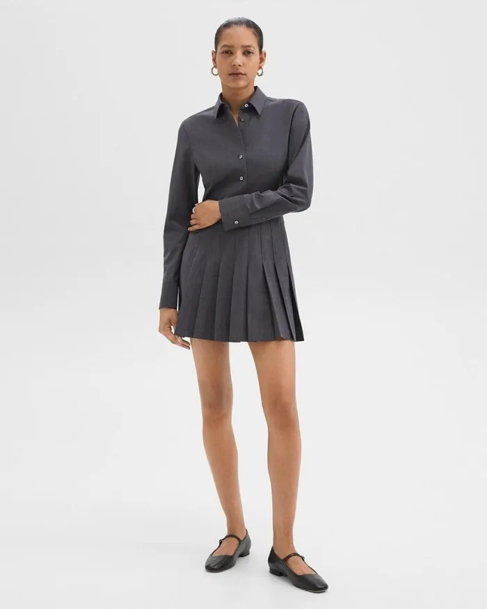 Dresses Women Theory Pleated Mini Shirt Dress In Stretch WoolBlend Charcoal Melange