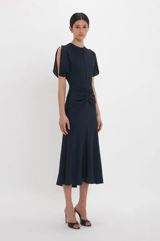 Dresses Women Victoria Beckham Gathered Waist Midi Dress In Midnight Dresses Women Victoria Beckham Gathered Waist Midi Dress In Midnight