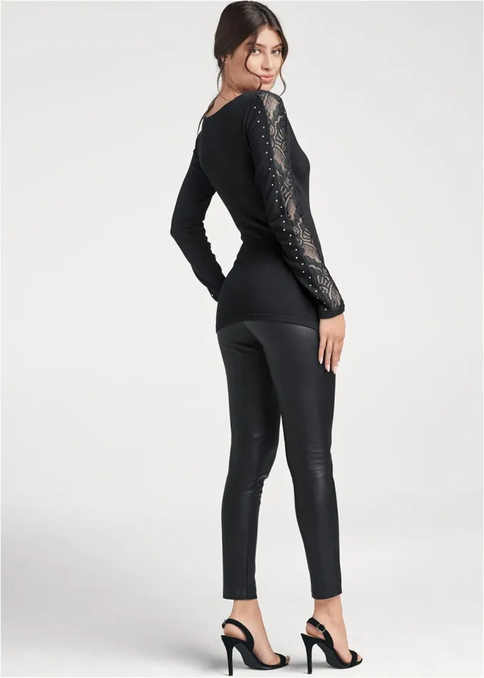 Embellished Lace Sleeve Sweater Black Women VENUS Sexy Sweaters