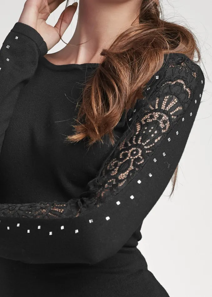 Embellished Lace Sleeve Sweater Black Women VENUS Sexy Sweaters