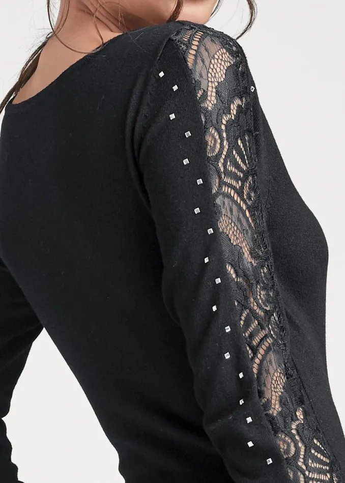Embellished Lace Sleeve Sweater Black Women VENUS Sexy Sweaters