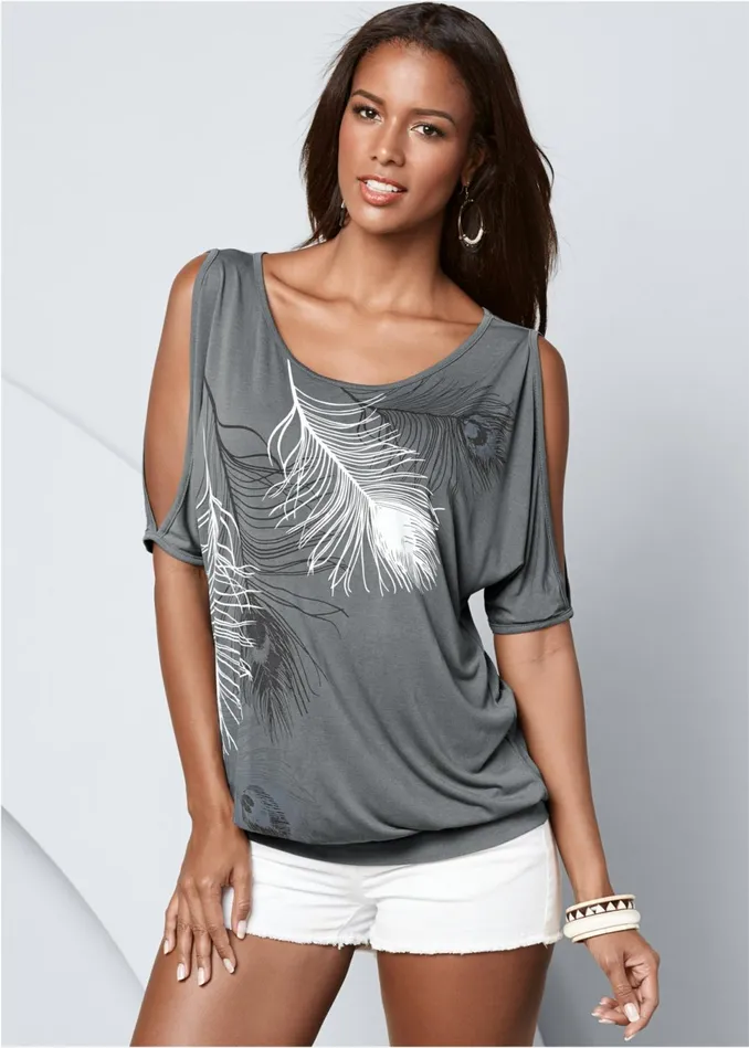 Feather Coldshoulder Tee Grey Women VENUS Casual Tops