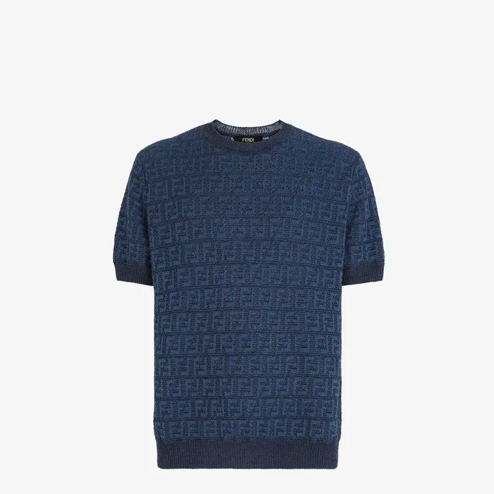 Fendi Knitwear Sweater Blue FF Cotton And Linen Jumper 8211 Men