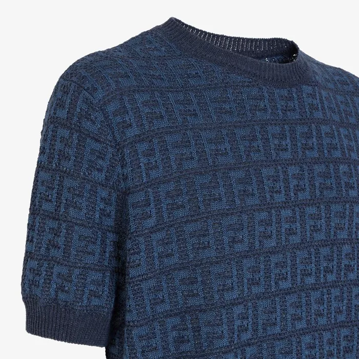 Fendi Knitwear Sweater Blue FF Cotton And Linen Jumper 8211 Men