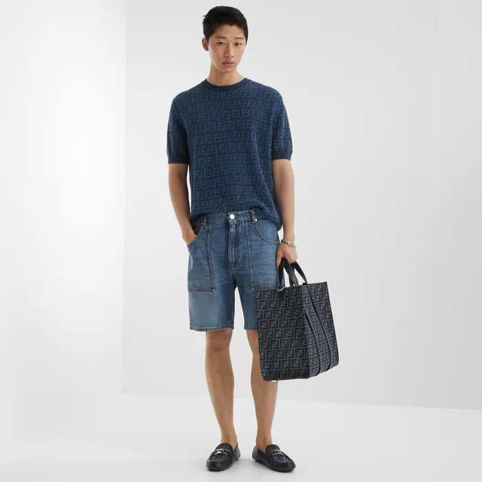 Fendi Knitwear Sweater Blue FF Cotton And Linen Jumper 8211 Men