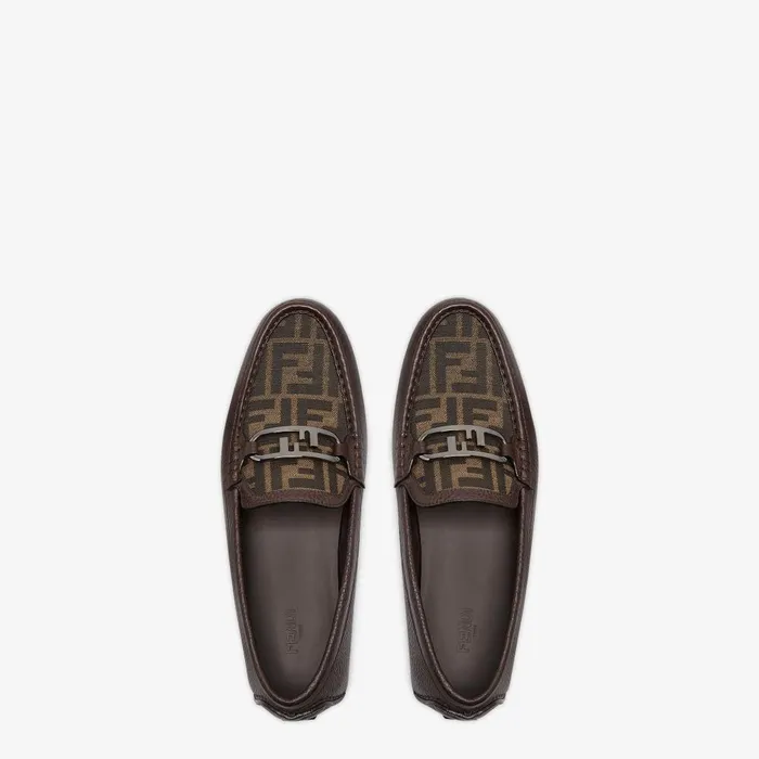 Fendi Loafers and Drivers Fendi O039Lock Driving Shoes Brown Leather And FF Jacquard Loafers 8211 Men