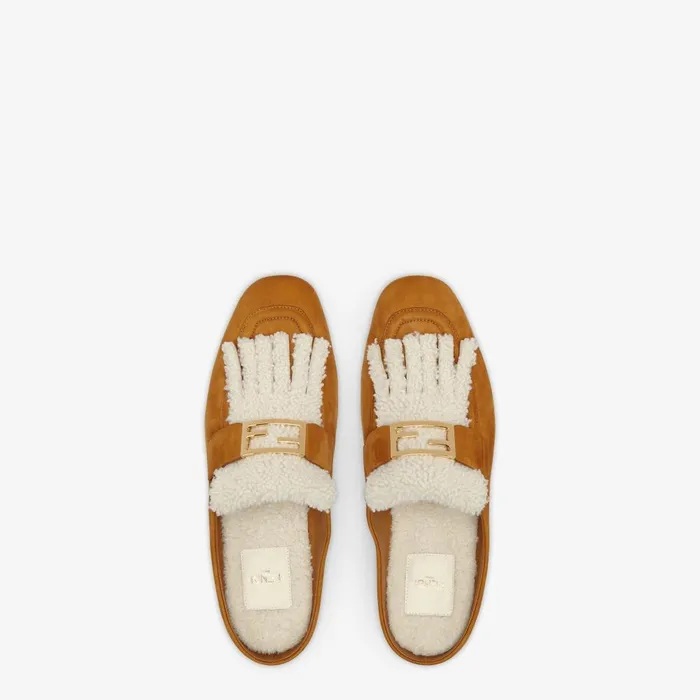 Fendi Mocassins and Loafers Baguette Brown Nubuck And Sheepskin Sabots 8211 Women