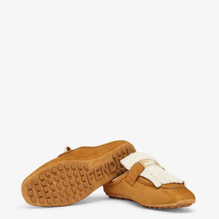Fendi Mocassins and Loafers Baguette Brown Nubuck And Sheepskin Sabots 8211 Women