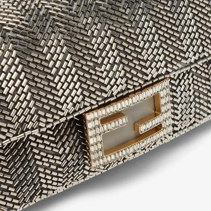 Fendi Shoulder and Crossbody Bags Baguette Mini Bag Embroidered With Gray Bugle Beads 8211 Women
