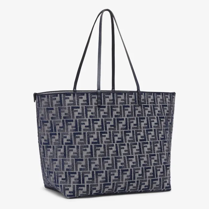 Fendi Tote Bags Large Roll Dark Blue FF Chenille Shopper 8211 Women