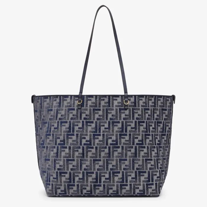 Fendi Tote Bags Large Roll Dark Blue FF Chenille Shopper 8211 Women