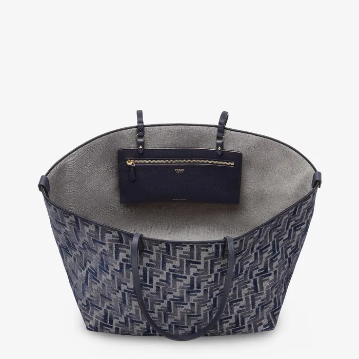 Fendi Tote Bags Large Roll Dark Blue FF Chenille Shopper 8211 Women