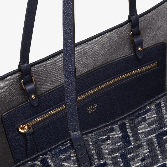 Fendi Tote Bags Large Roll Dark Blue FF Chenille Shopper 8211 Women