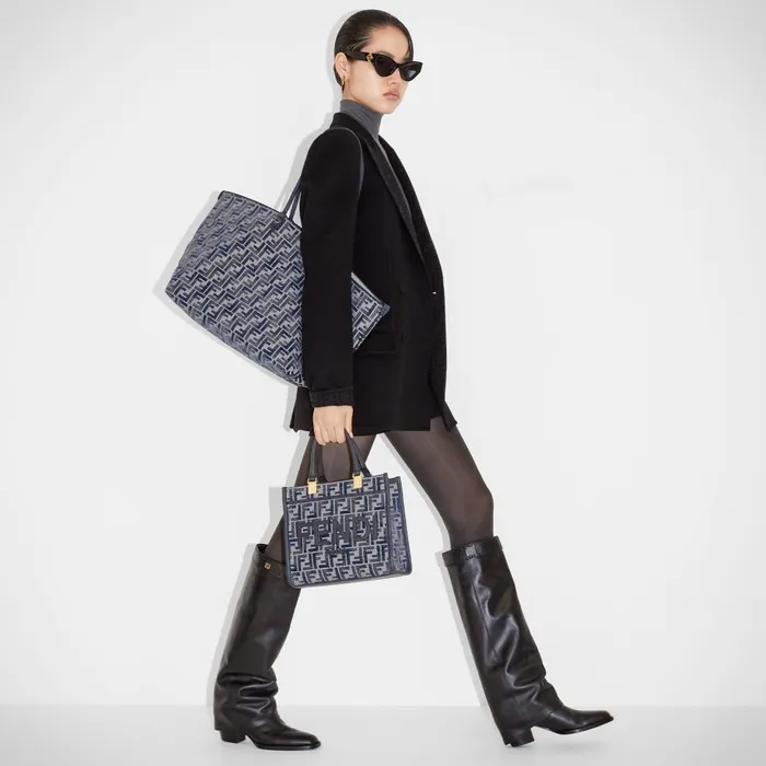 Fendi Tote Bags Large Roll Dark Blue FF Chenille Shopper 8211 Women