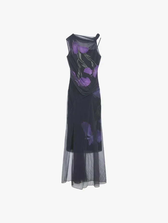 Givenchy Dress In Floral Dvor Satin Jersey Blackpurple Women Dresses