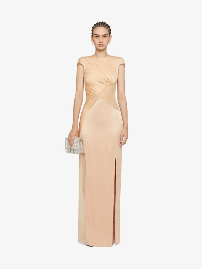 Givenchy Evening Satin Dress And 4G Lace Tan Women Dresses