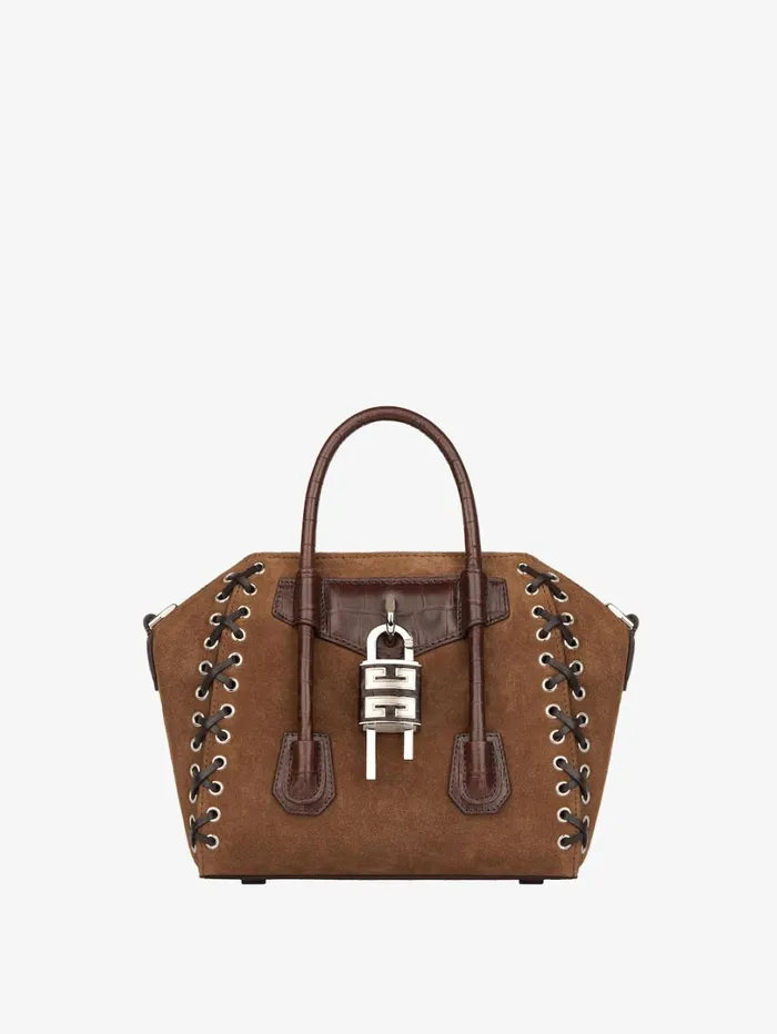 Givenchy Mini Antigona Lock Bag In Corset Style Suede Walnut Brown Women Crossbody Bags Givenchy Mini Antigona Lock Bag In Corset Style Suede Walnut Brown Women Crossbody Bags