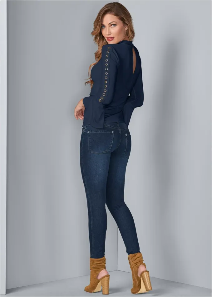 GROMMET DETAIL SURPLICE TOP Navy Women VENUS Night Out Tops