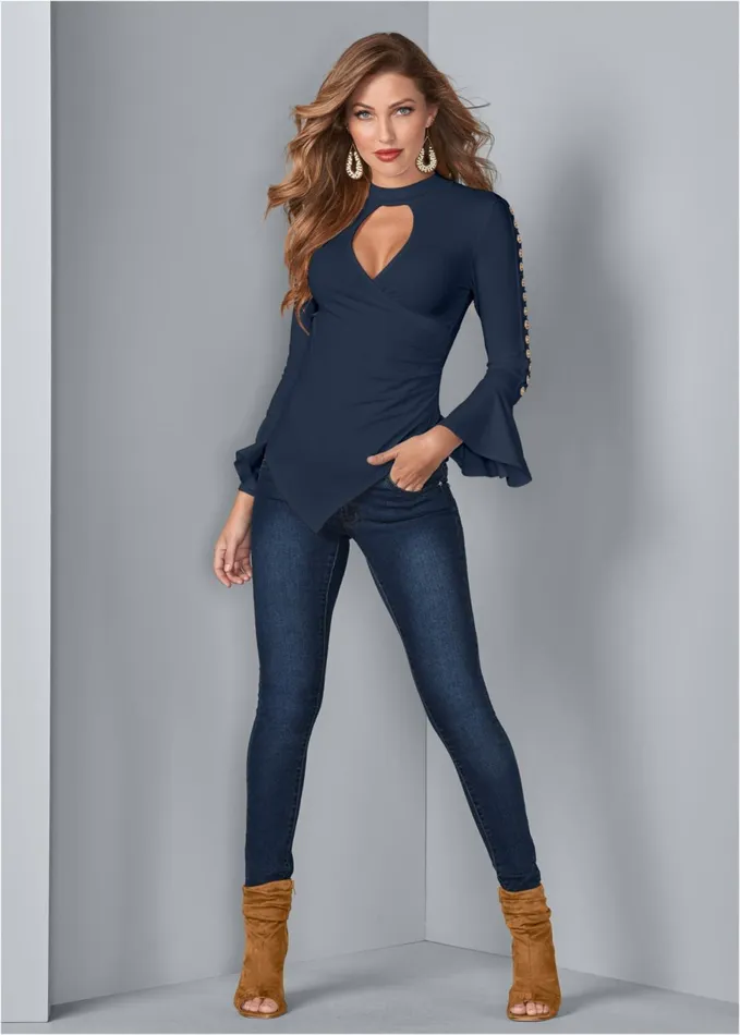 GROMMET DETAIL SURPLICE TOP Navy Women VENUS Night Out Tops