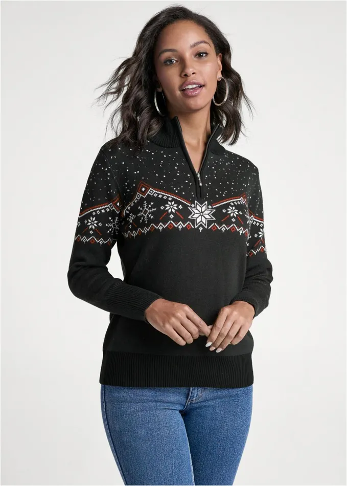 Half Zip Snowflake Sweater Black Multi Women VENUS Pullover