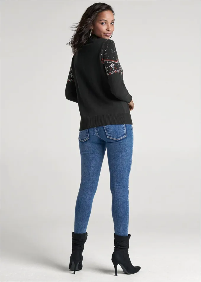 Half Zip Snowflake Sweater Black Multi Women VENUS Pullover