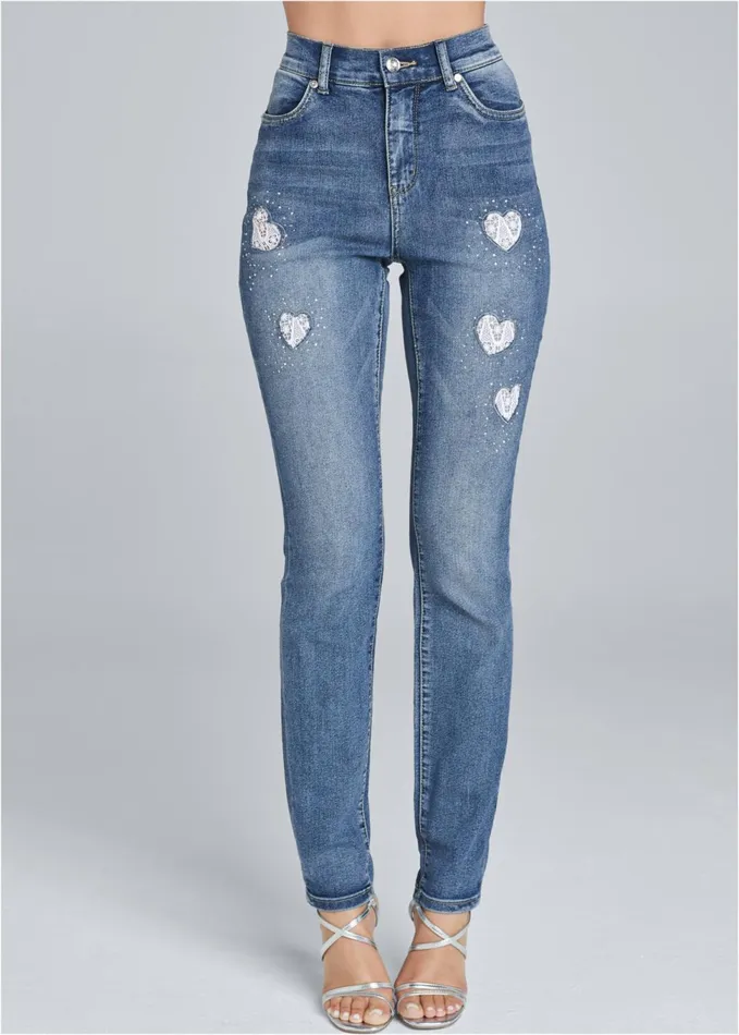 HEART PATCH JEANS Medium Wash Women VENUS Skinny