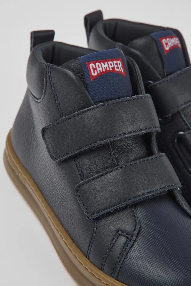 Kids Runner Navy Blue Leather And Textile Ankle Boots For Kids Camper Boots