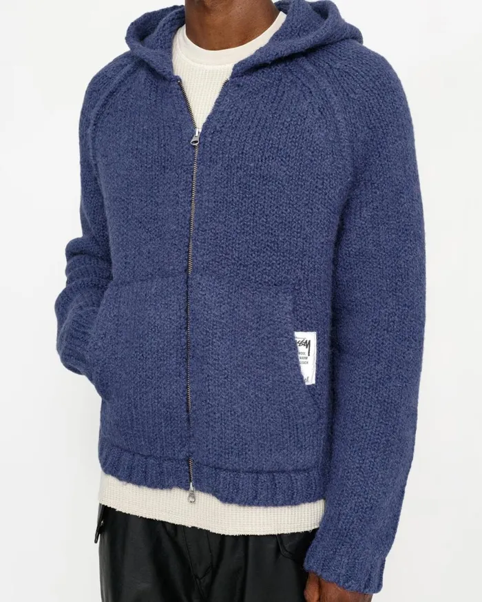 Knits MenWomen Stussy CHUNKY KNIT ZIP HOODIE Blue