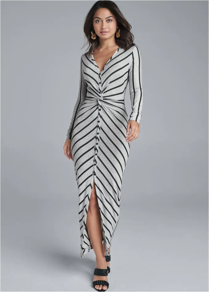 KNOT FRONT MAXI DRESS Grey and Black Women VENUS Sundresses