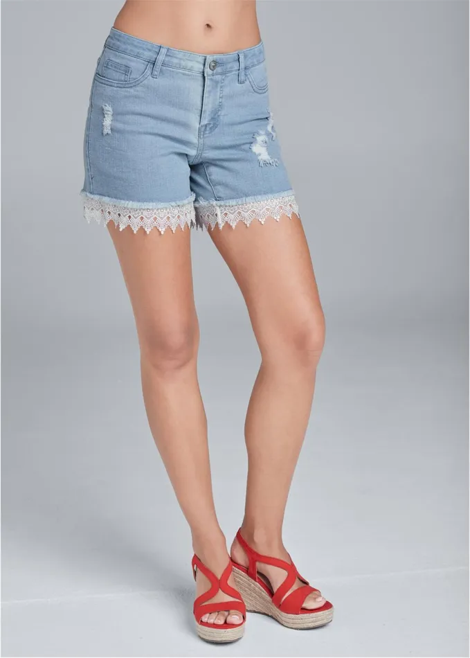 LACE TRIM JEAN SHORTS Light Wash Women VENUS Shorts