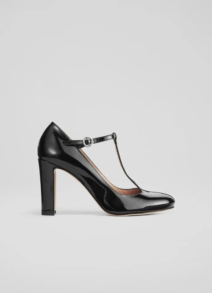LK Bennett Annalise Black Patent Leather TBar Shoes Women Court Shoes