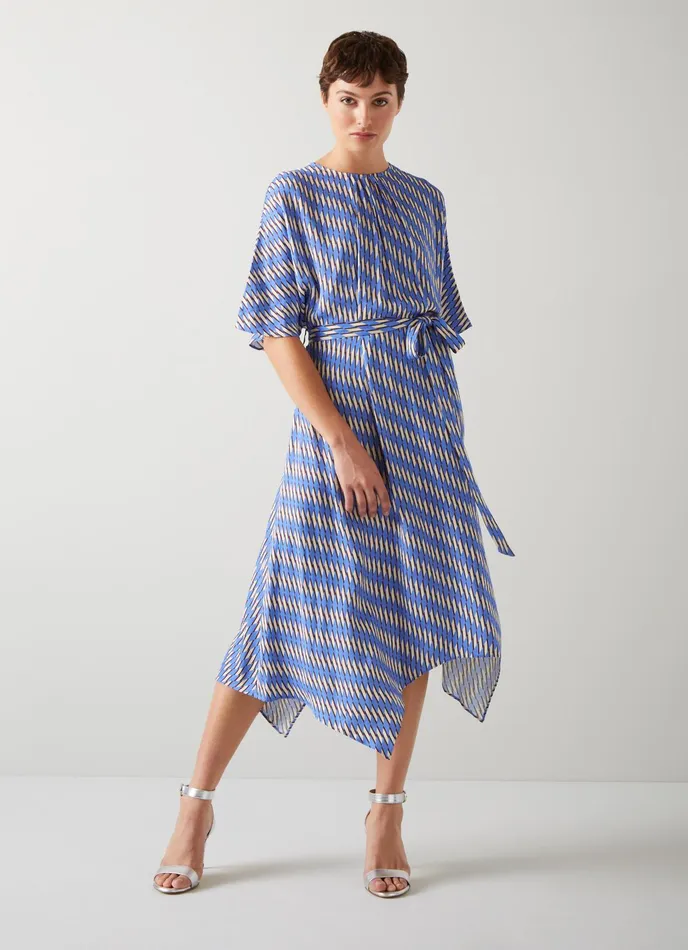 LK Bennett Anni Blue Geometric Print Handkerchief Hem Dress Women Dresses