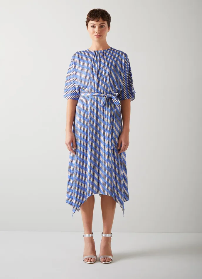 LK Bennett Anni Blue Geometric Print Handkerchief Hem Dress Women Dresses