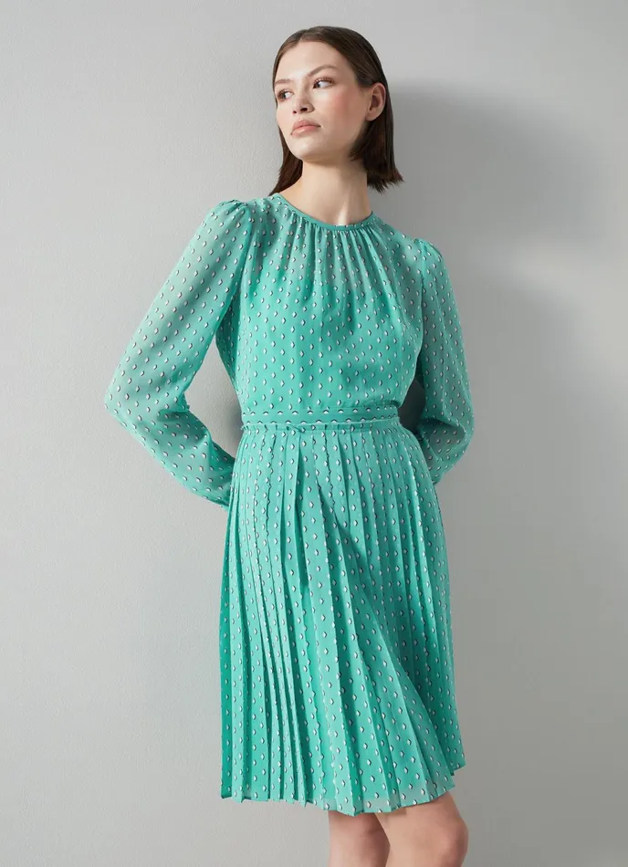 LK Bennett Aria Green Recycled Polyester Graphic Diamond Print Pleated Dress Women Dresses