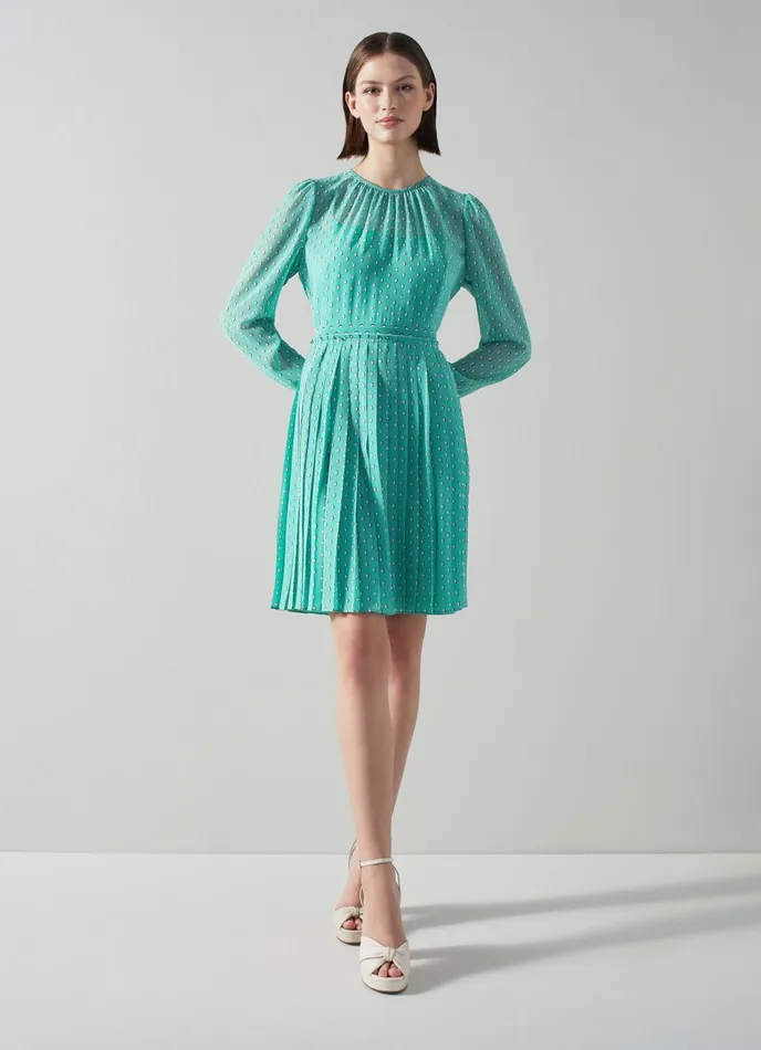 LK Bennett Aria Green Recycled Polyester Graphic Diamond Print Pleated Dress Women Dresses